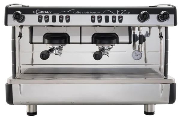 La Cimbali M23 UP Espresso machine with dual group heads, sleek steel design, and ergonomic features.