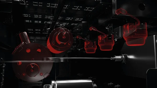 Internal mechanical components of the La Cimbali | M40 coffee machine highlighted in red for precision engineering