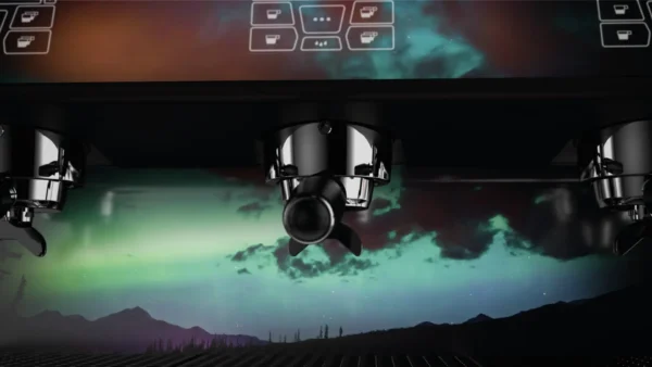 Brewing group of the La Cimbali | M40 with a futuristic backdrop, reflecting precision and modernity
